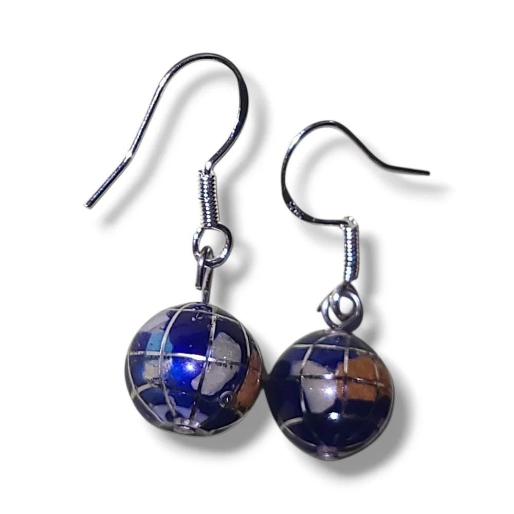 Sterling Silver Lapis Lazuli Inlay World Globe Dangle Earrings Planet Earth